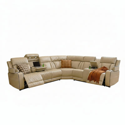 Breathing Leather Power Reclining Sectional Sofa Set – Modern Gray Home Theater Couch with LED Lights, USB Charging, Wireless Charging & Storage