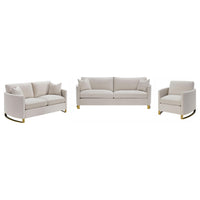 Corliss 3-Piece Upholstered Arched Arm Sofa Set in Beige – Textured Velvet Living Room Furniture with Feather Blend Cushions & Gold-Finished Stainless Steel Legs