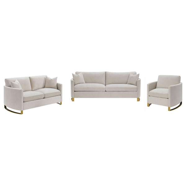 Corliss 3-Piece Upholstered Arched Arm Sofa Set in Beige – Textured Velvet Living Room Furniture with Feather Blend Cushions & Gold-Finished Stainless Steel Legs