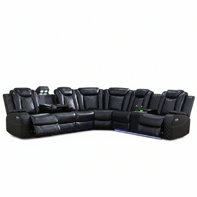 Black Breathing Leather Power Reclining Sectional Sofa – 6-Seat Home Theater Sofa with Wireless Charging & USB