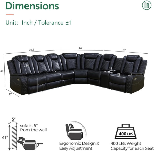 Black Breathing Leather Power Reclining Sectional Sofa – 6-Seat Home Theater Sofa with Wireless Charging & USB