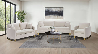 Corliss 3-Piece Upholstered Arched Arm Sofa Set in Beige – Textured Velvet Living Room Furniture with Feather Blend Cushions & Gold-Finished Stainless Steel Legs