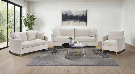 Corliss 3-Piece Upholstered Arched Arm Sofa Set in Beige – Textured Velvet Living Room Furniture with Feather Blend Cushions & Gold-Finished Stainless Steel Legs