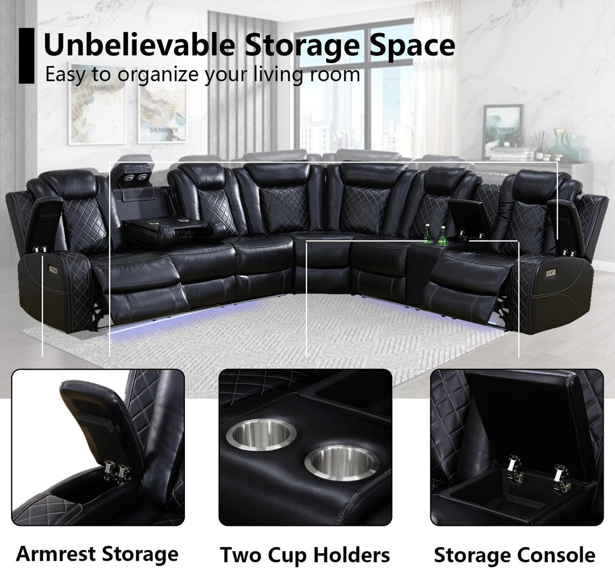 Black Leather Power Reclining Sectional Sofa,Sectional Couch with Recliner,L Shaped Recliner Sofa with LED Light/Read Lamp/Storage Console/Usb Port for Living Room/Home Theater/Apartment