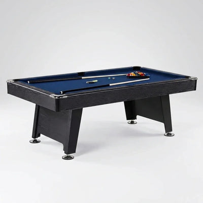 7-Foot Indoor Pool Table – Black Billiards Table with Blue Felt, K-818 Bumpers, MDF Construction, Drop Pockets & Complete Pool Accessory Set