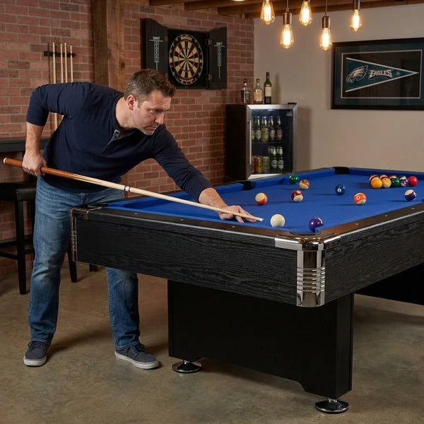 7-Foot Indoor Pool Table – Black Billiards Table with Blue Felt, K-818 Bumpers, MDF Construction, Drop Pockets & Complete Pool Accessory Set