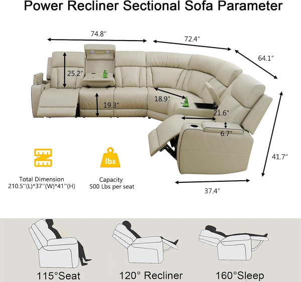 Breathing Leather Power Reclining Sectional Sofa Set – Modern Gray Home Theater Couch with LED Lights, USB Charging, Wireless Charging & Storage
