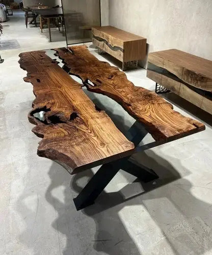 Live Edge, Epoxy Resin River Dining Room Table Made Of Chestnut Wood