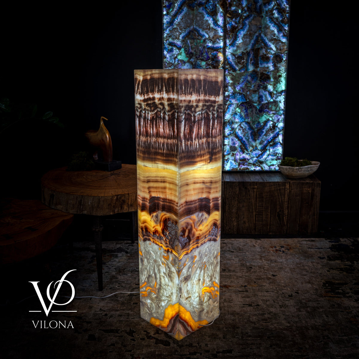 Golden Cloud Onyx Floor Lamp - Exotic Dragon Eye - Medium - 51.25"H x 12"W - Square - #1