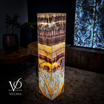 Golden Cloud Onyx Floor Lamp - Exotic Dragon Eye - Medium - 51.25"H x 12"W - Square - #1